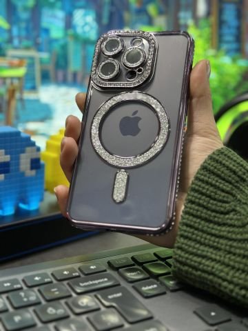 iPhone Simli Magsafe Taşlı Kross Silikon
