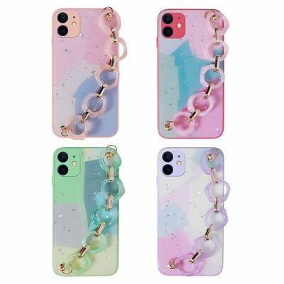 Apple iPhone 12 Kılıf Simli Desenli El Askılı Tutacaklı Patinda Elsa Silikon Kapak