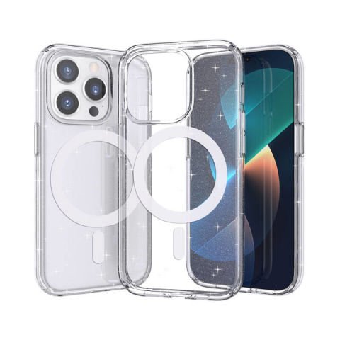 Apple iPhone 14 Pro Max Kılıf Magsafe Şarj Özellikli Parlayan Simli Saydam Renkli Patinda Allstar Kapak