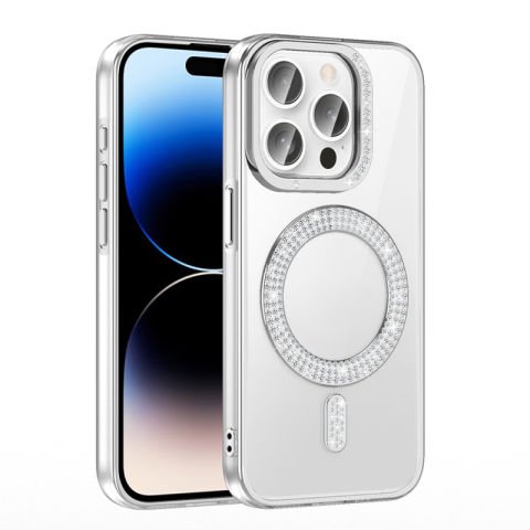 Apple iPhone 14 Pro Max Kılıf Pırlanta Taş Tasarımlı Magsafe Şarj Özellikli Patinda Karetta Silikon Kapak