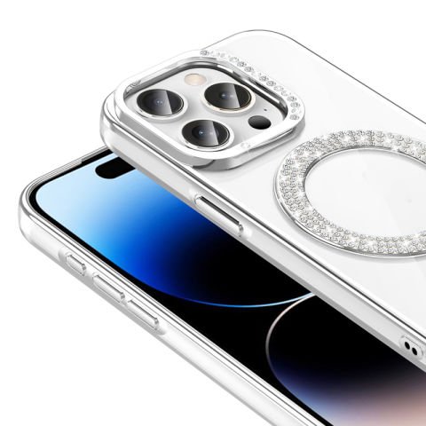 Apple iPhone 14 Pro Max Kılıf Pırlanta Taş Tasarımlı Magsafe Şarj Özellikli Patinda Karetta Silikon Kapak